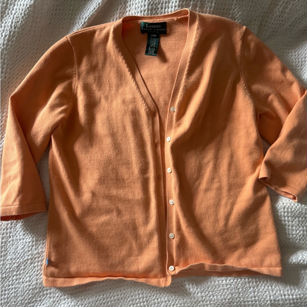 Ralph Lauren Peach orange cardigan with 3/4 sleeves, made from 100% cotton